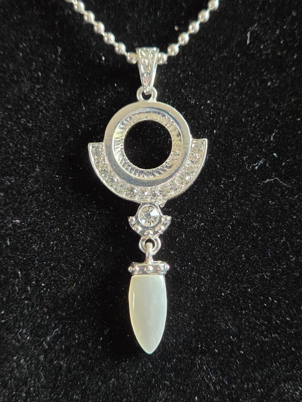 Silver Tone Rhinestone Geometric Faux Cat’s Eye Pendant Necklace #AEN6